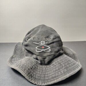 VINTAGE Squalo Bucket Hat Black Cotton Canvas Button Safari Pirate 90s Logo